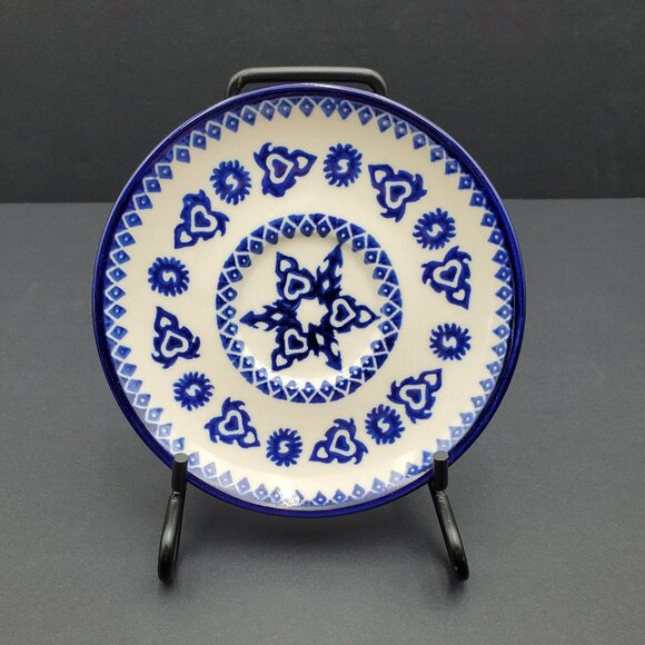 Polish Pottery Blue Hearts Blue Diamonds Saucer Dessert Appetizer Mini Plate - Picture 7 of 7